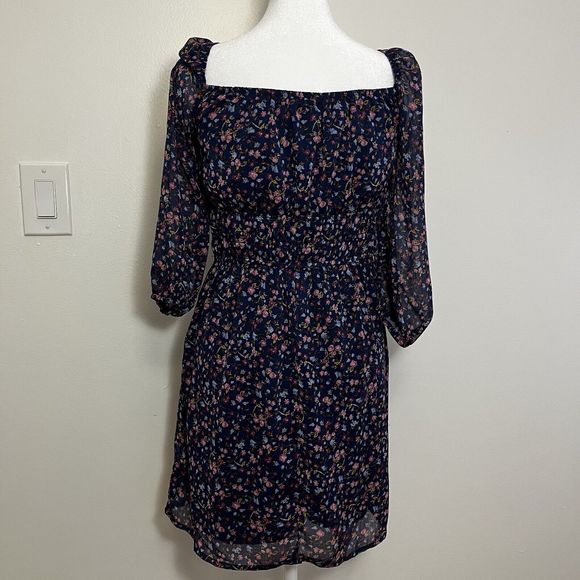 Trixxi Women’s Floral Mini Dress Size M Navy Elastic Waist Lined Long Sleeve - Picture 4 of 11